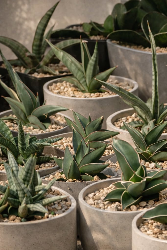 Sansevieria collection in ceramic pots for SUCCULON editorial use