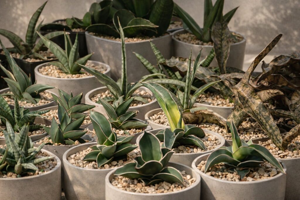 Sansevieria collection in ceramic pots for SUCCULON editorial use