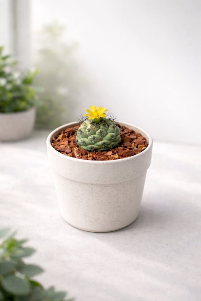 Small cactus with yellow flower for SUCCULON editorial use